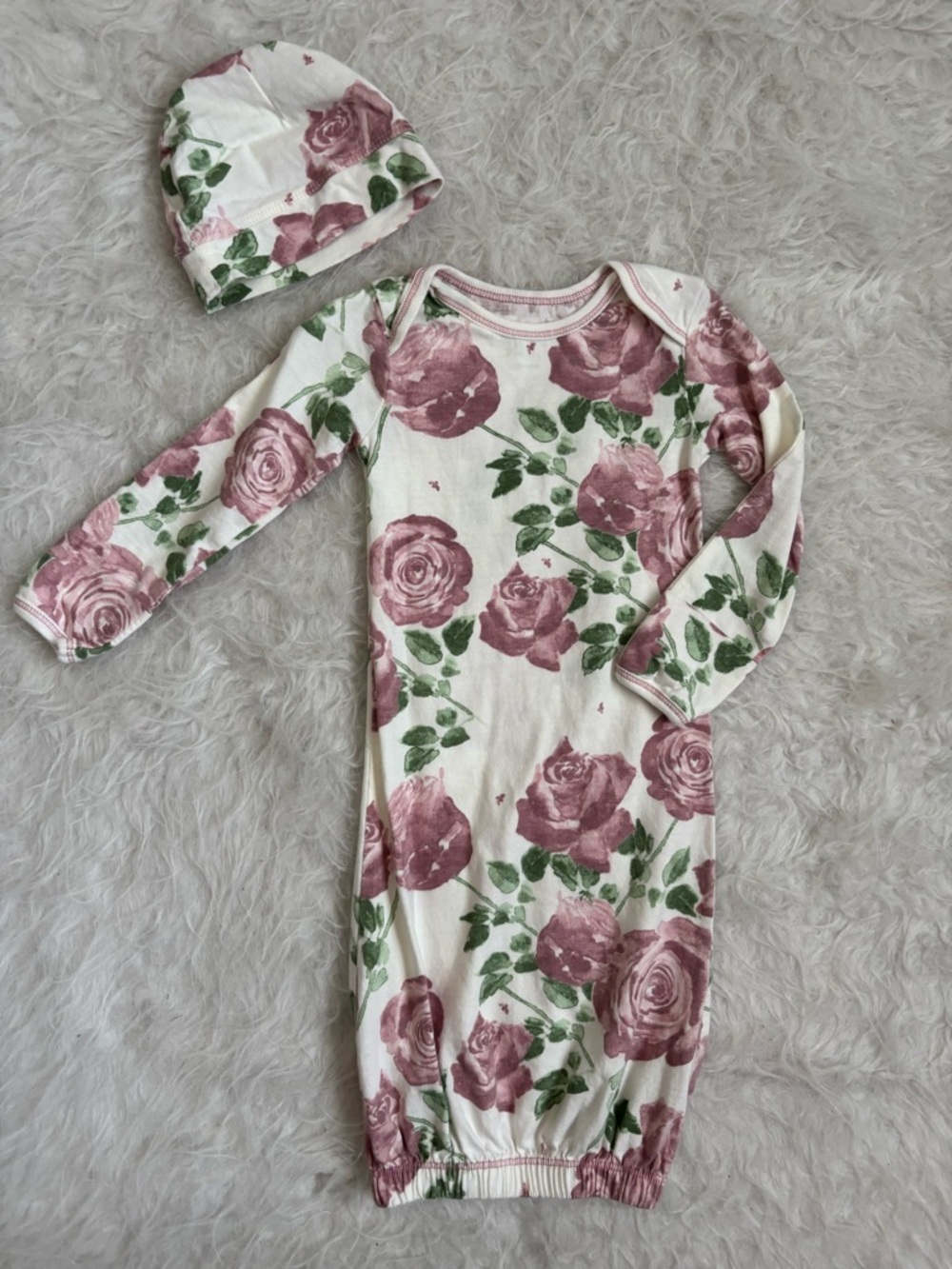 Burt's Bees Floral Rose Print Long Sleeve Baby Sleep Gown and Hat